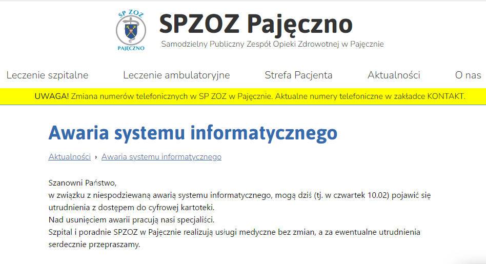 Komunikat o awarii systemu IT w SP ZOZ w Pajęcznie